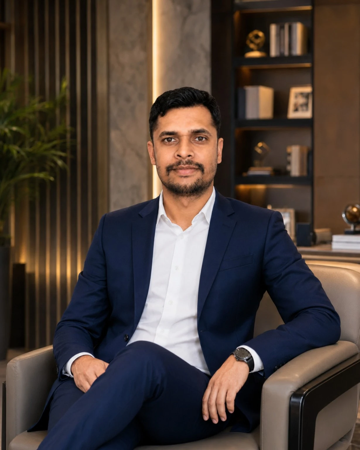 Raju Kumar Mishra seated in executive interior